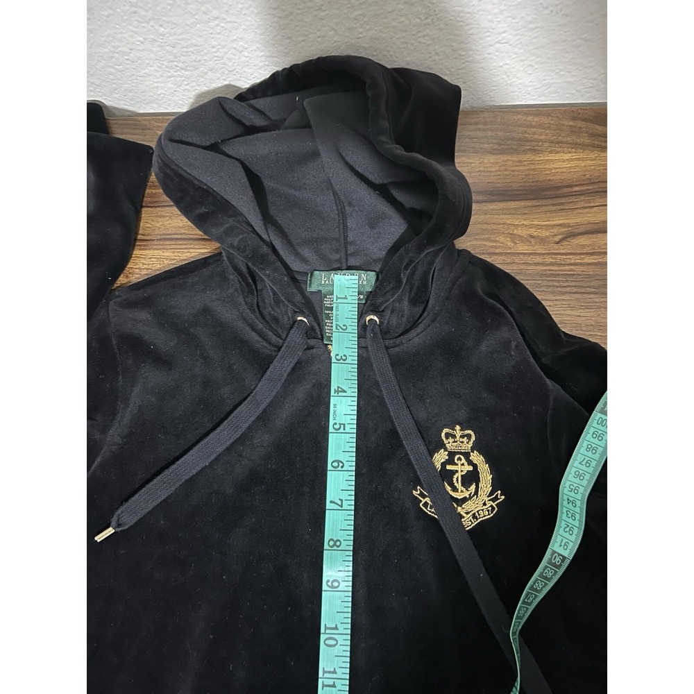 Vintage Lauren Ralph Lauen Velvet Hoodie Crest Black Jacket P/M cottonblend - Picture 8 of 14